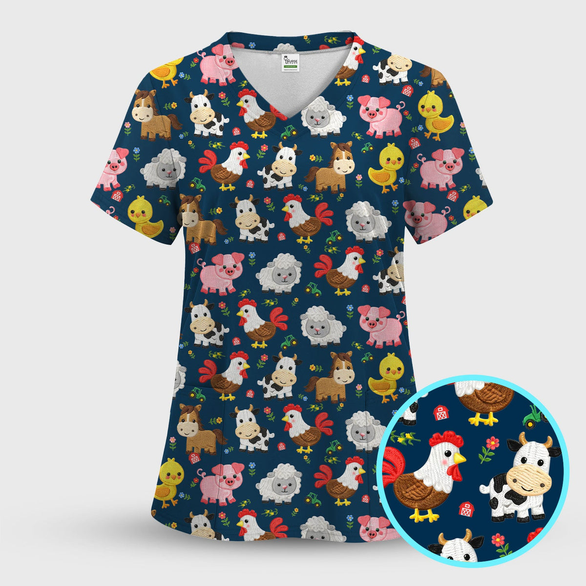 Cartoon Farm Animal Nurse Scrub Top