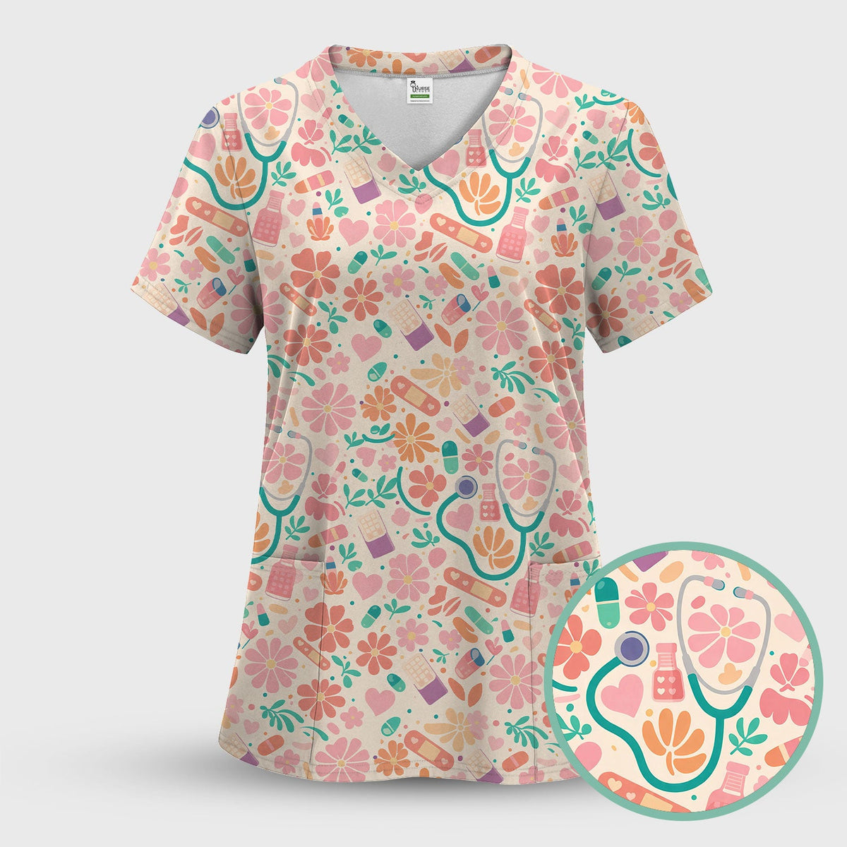 Medical Floral Nurse Scrub Top