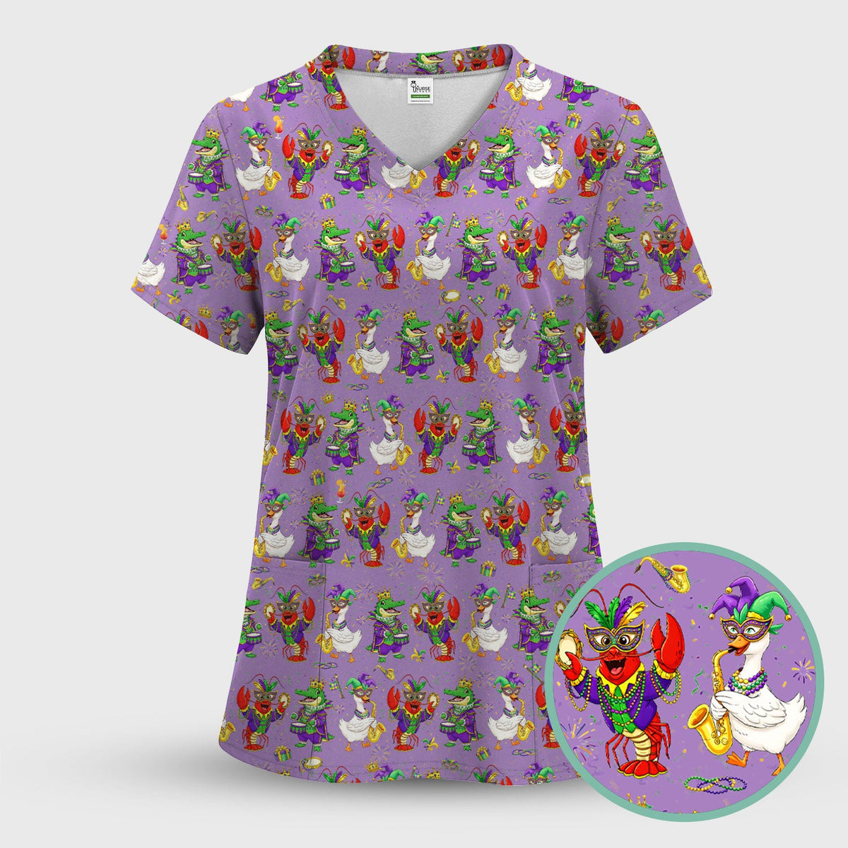 Crawfish Duck Mardi Gras Nurse Scrub Top