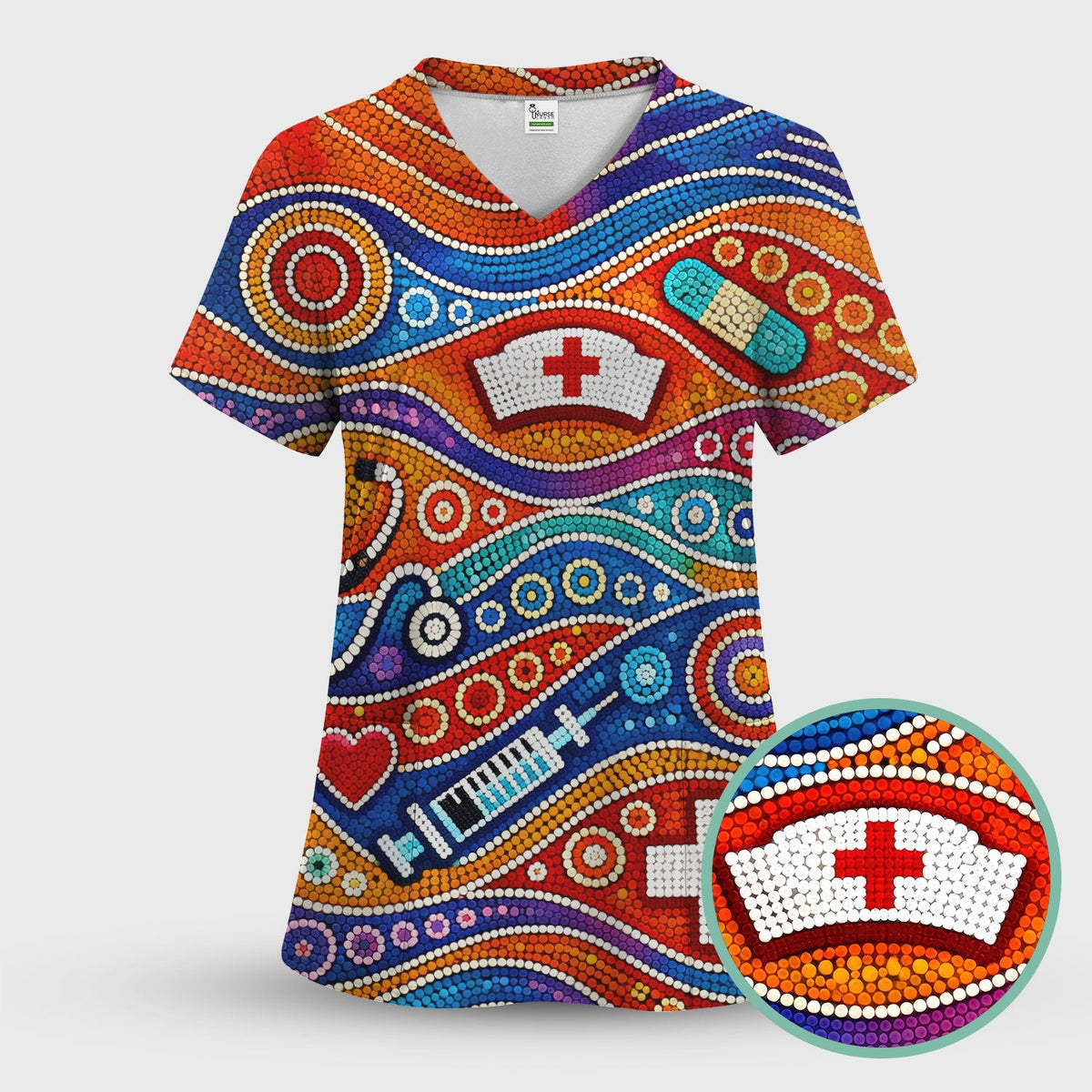 Aboriginal Dot Art Nurse Scrub Top, Artistic Medical Pattern Shirt, Breathable Fabrics Nursing Uniform