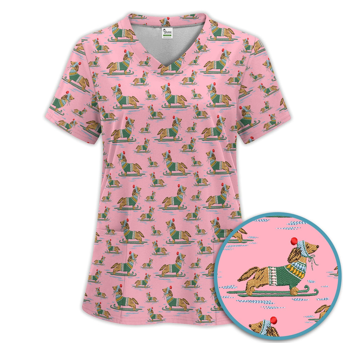 Dachshund Nurse Scrub Set, Wiener Dog Winter Pattern Shirt, Breathable Fabrics Nursing Uniform