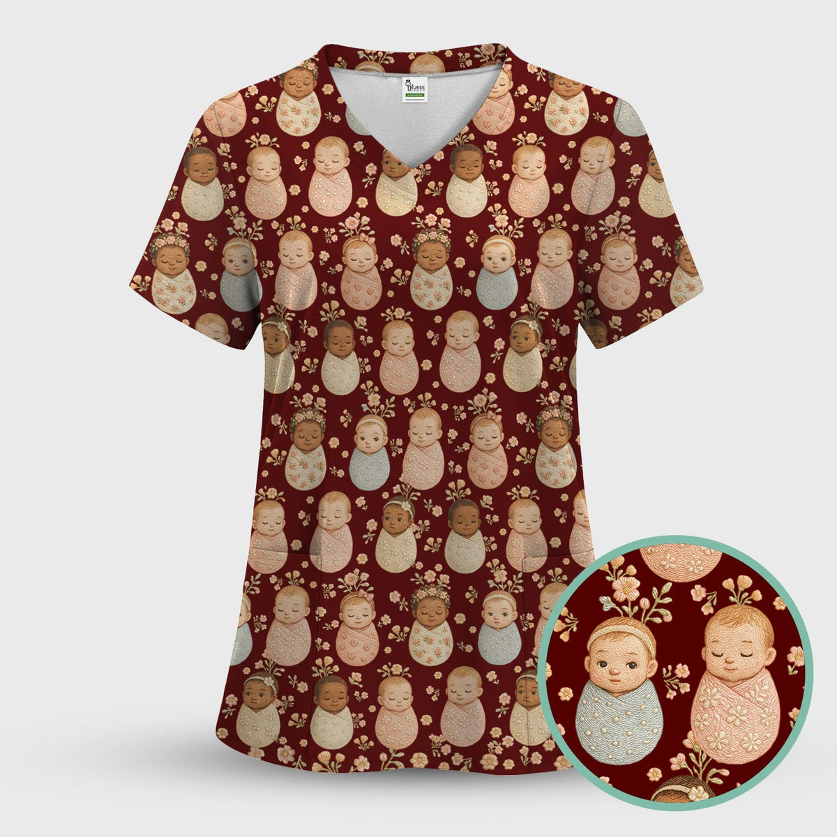 Sweet Newborn Baby Floral Print Women's Scrub Set, Breathable Med Uniform