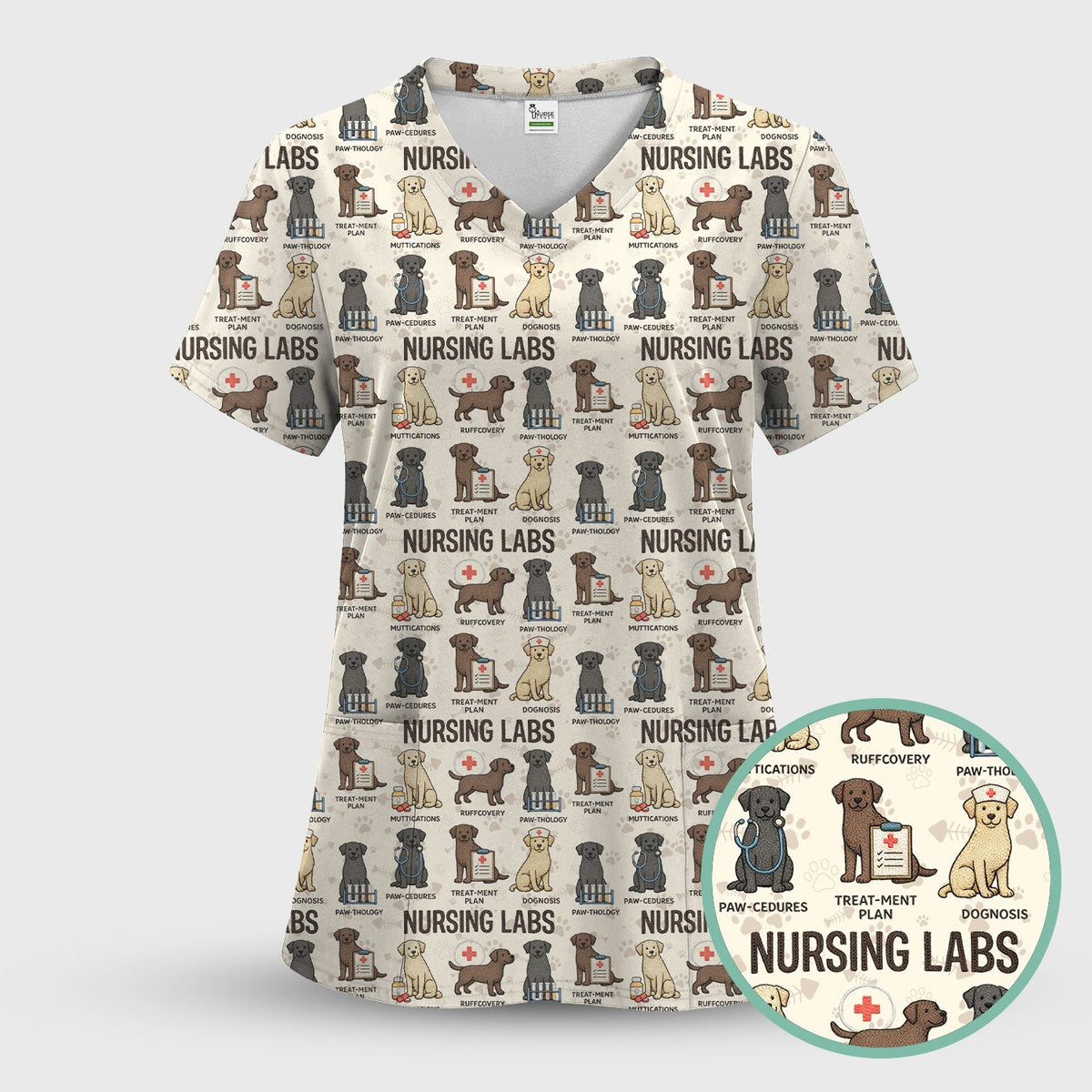 Playful Nursing Labs Dog Pattern Scrub Top, Comfortable Scrubs for Nurses