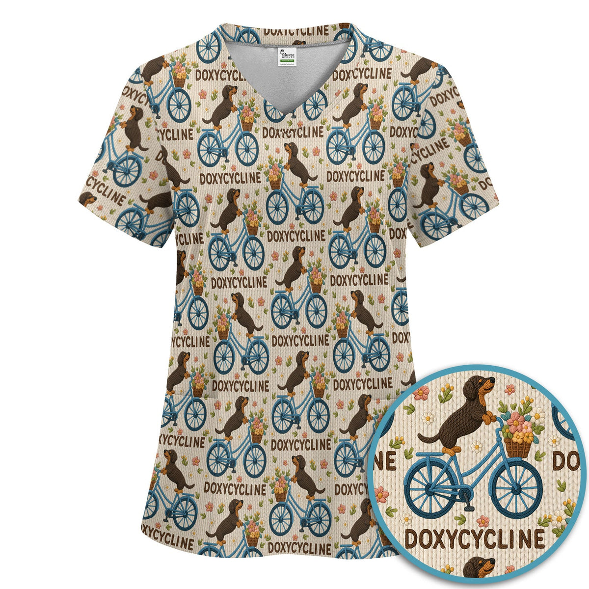 Doxycycline Pharmacy Pun Scrub Set - Dachshund on Bicycle Pharmacists Scrubs Pants and V Neck Top - Veterinary Technicians Gift