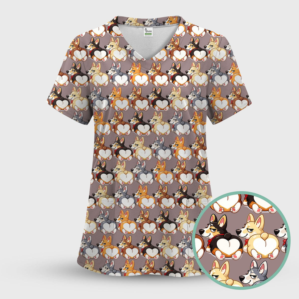Corgi Cartoon Nurse Scrub Top