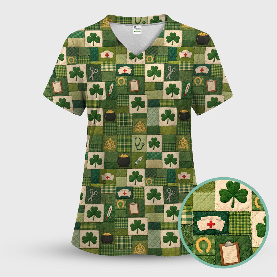 St Patrick Patchwork Shamrock Nurse Scrub Top