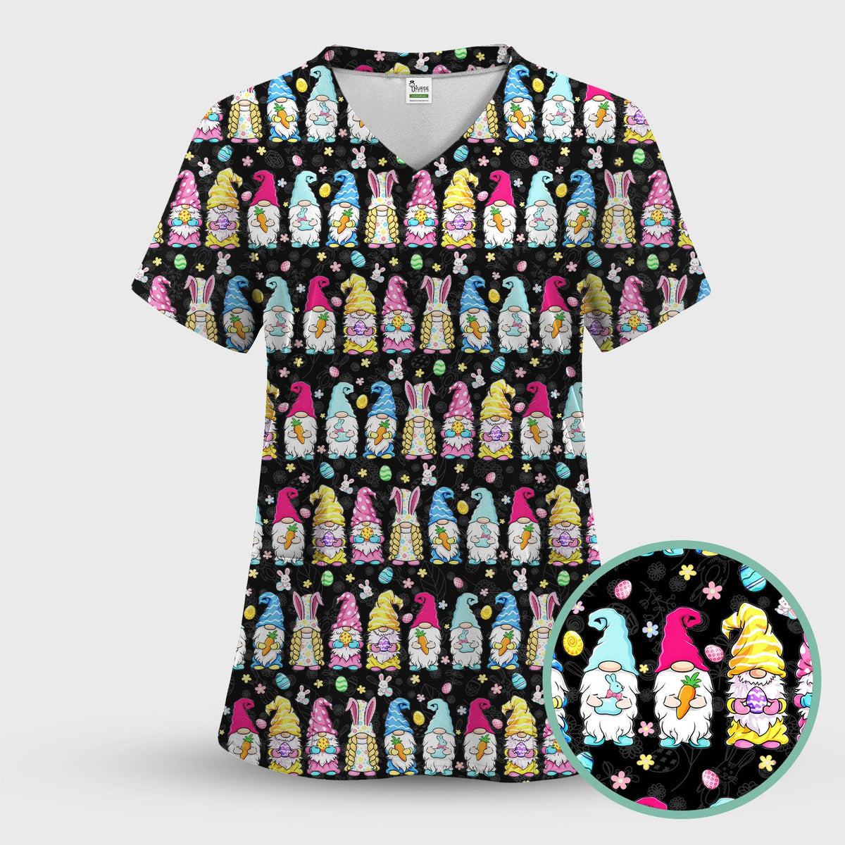 Colorful Easter Gnome Bunny Eggs Nurse Scrub Set