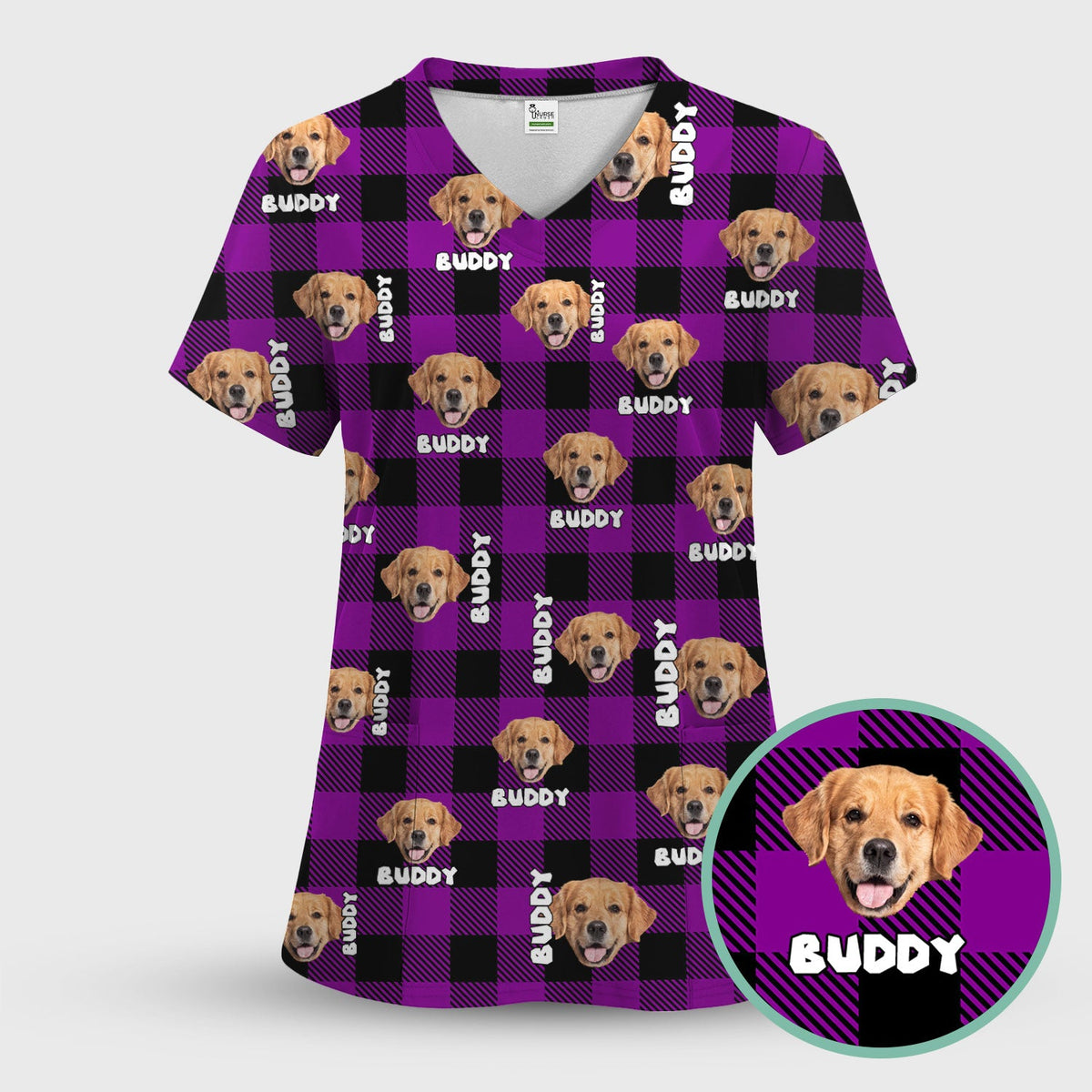Custom Dog Face Scrub Top, Personalized Pet Photo Checkered Pattern Shirt, Custom Name Vet Tech Gift For Nursing