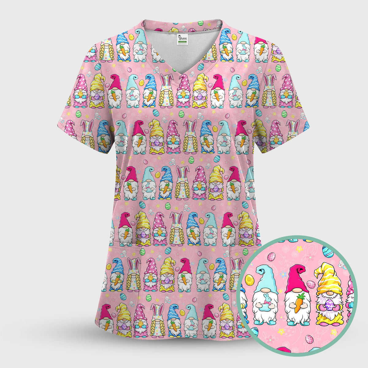 Colorful Easter Gnome Bunny Eggs Nurse Scrub Set