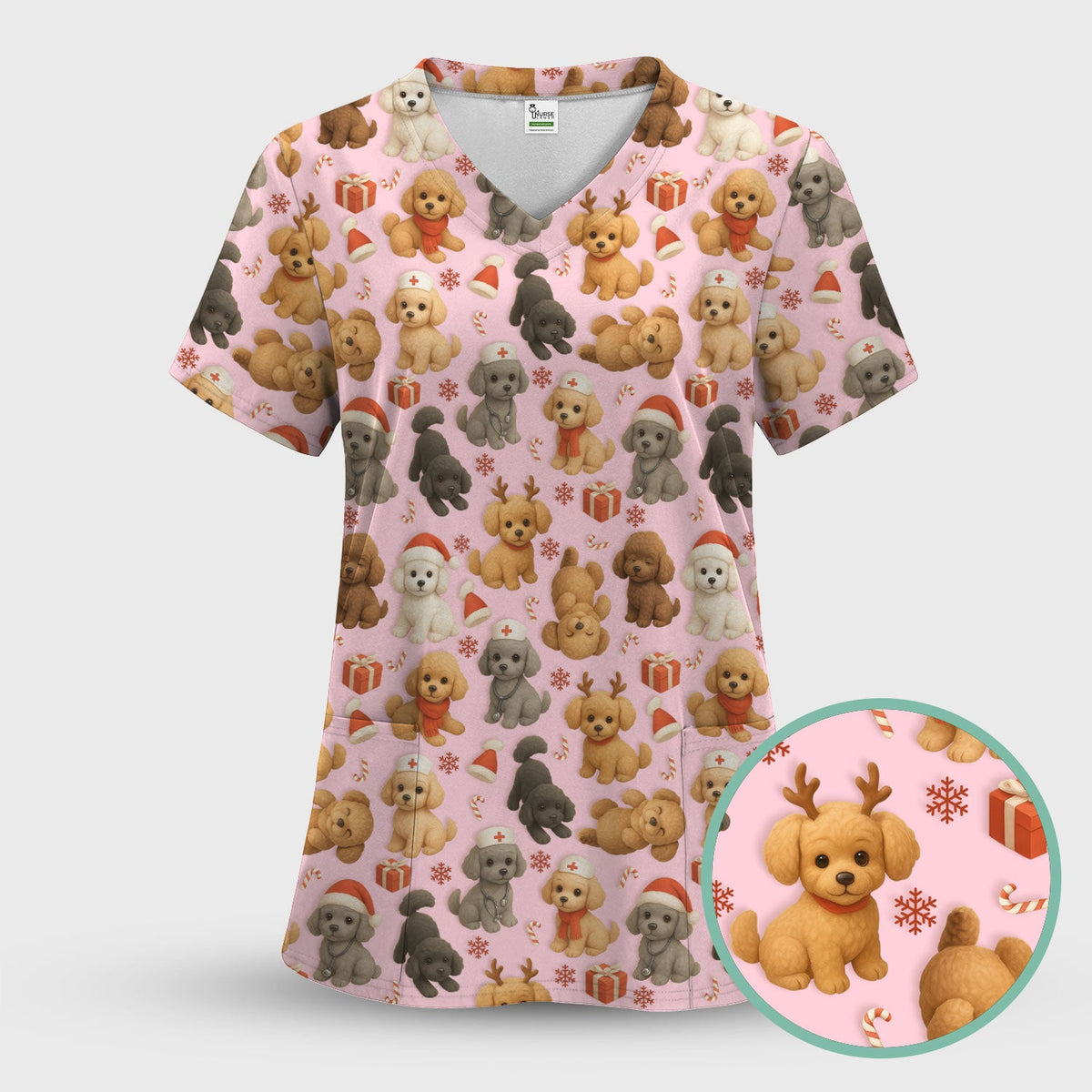 Poodle Scrubs Christmas Edition - Cute Dog Pattern Medical Scrub Top for Women - Holiday Christmas Scrubs with Fun Festive Puppy Print