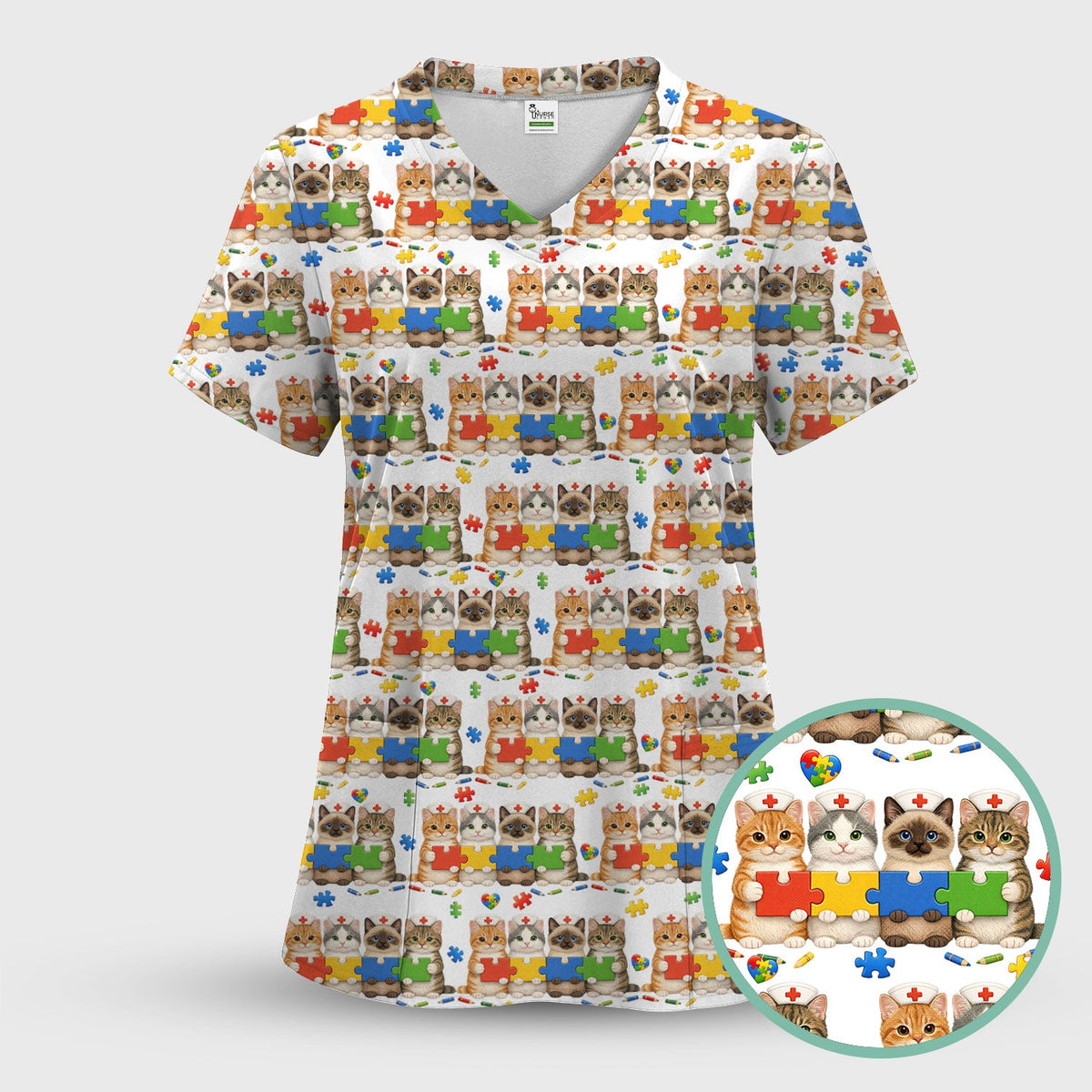 Autism Awareness Cat Nurse Scrub Top