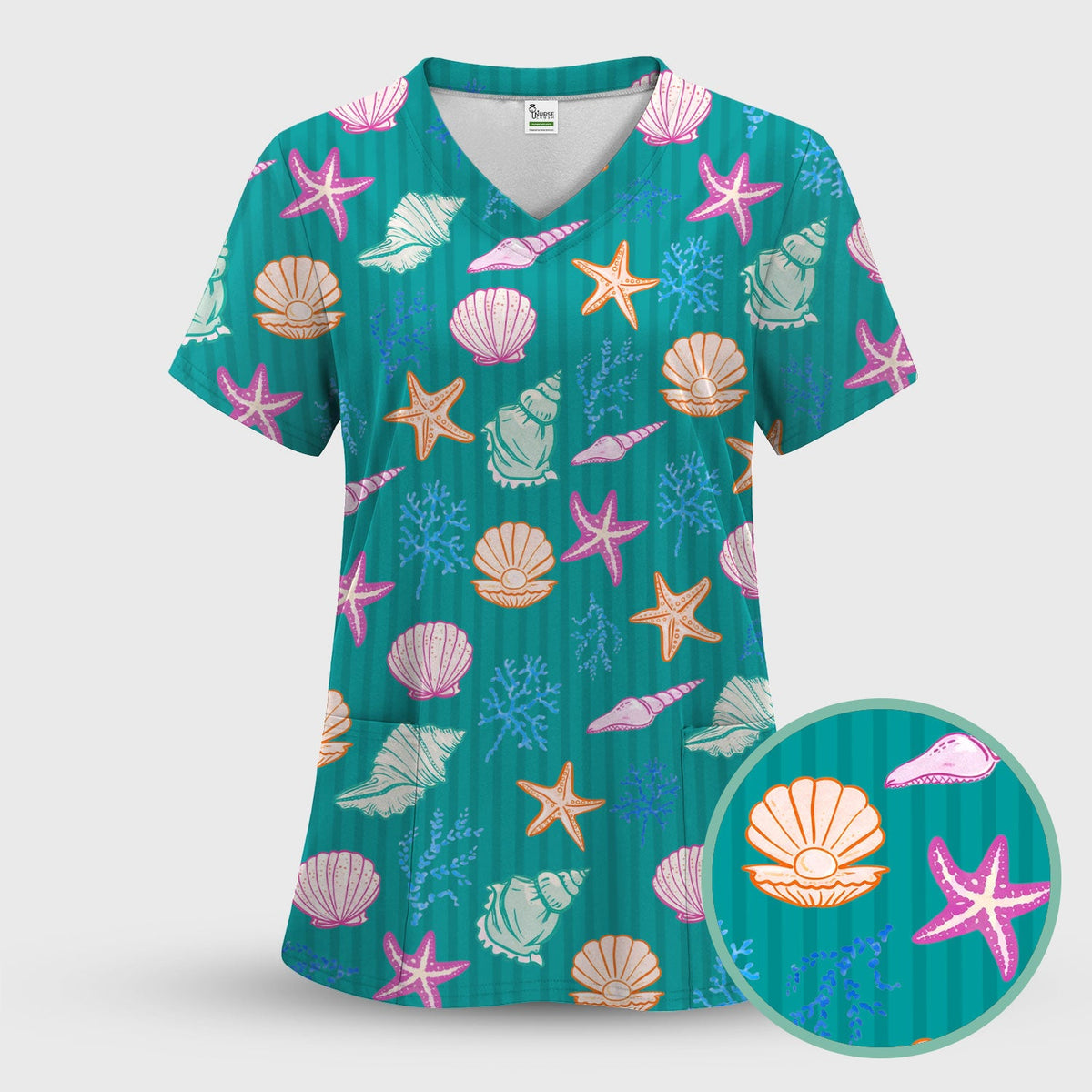 Colorful Seashell Starfish Ocean Stripe Nurse Scrub Set
