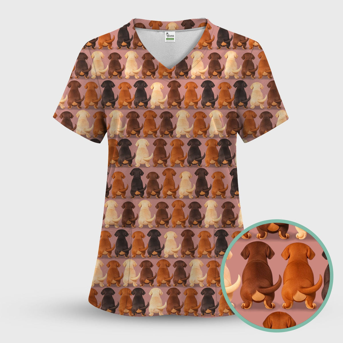 Scrub Set: Cute Dachshund Butt Pattern All Over Print Scrubs Set, Breathable Med Uniform