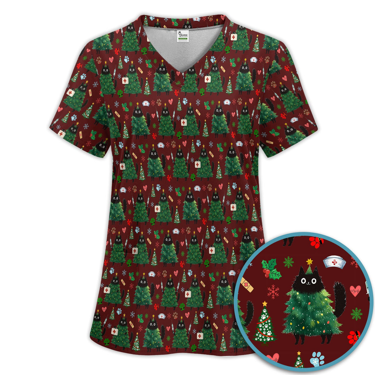 Christmas Black Cat Nurse Scrub Set