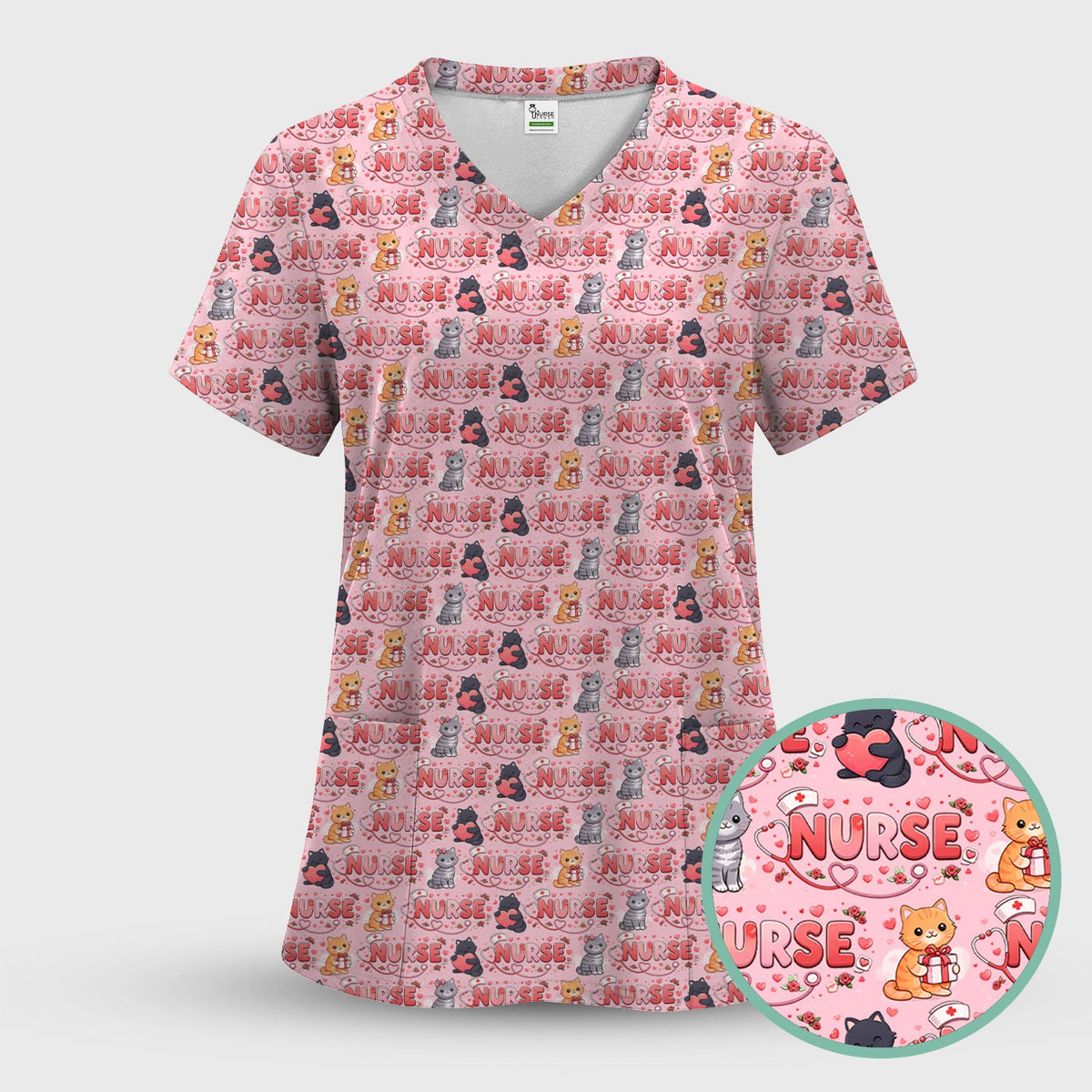 Cat Heart Nurse Scrub Top - Valentines Day Gift
