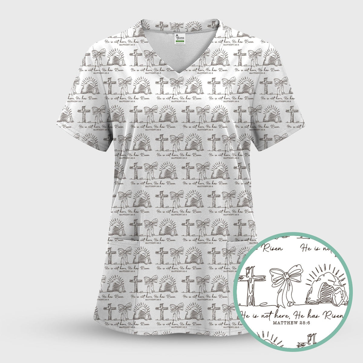 Christian Cross He Is Risen Pattern Scrubs Top, Comfortable Scrubs for Nurses