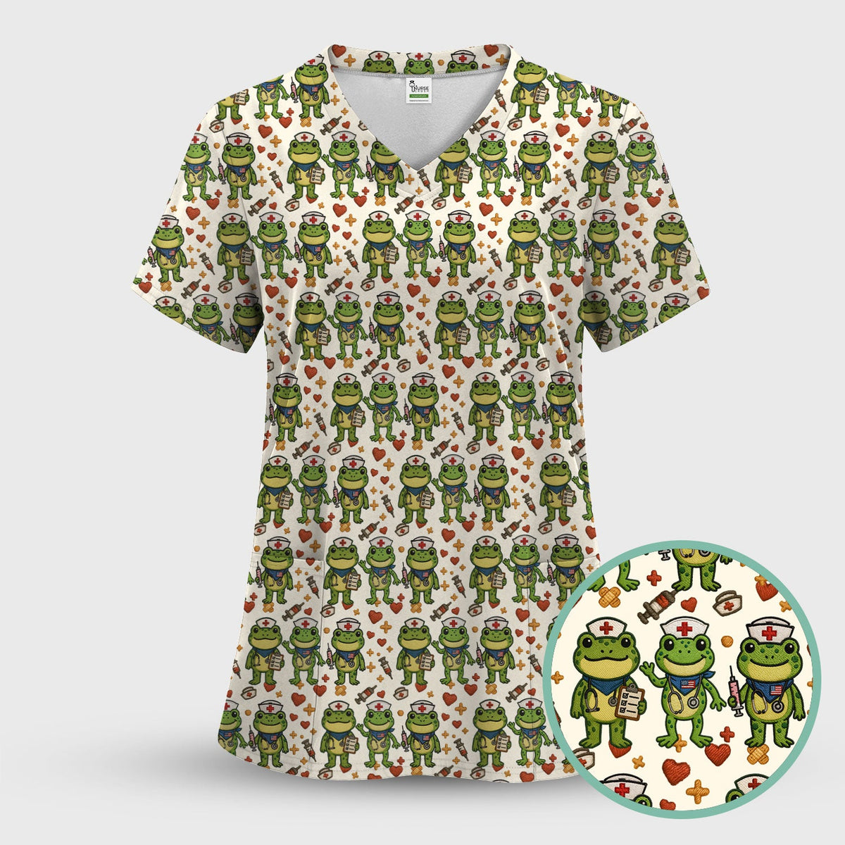 Frog Pattern Scrub Top, Cute Frog Scrub Shirt, Breathable Fabrics Nursing Uniform