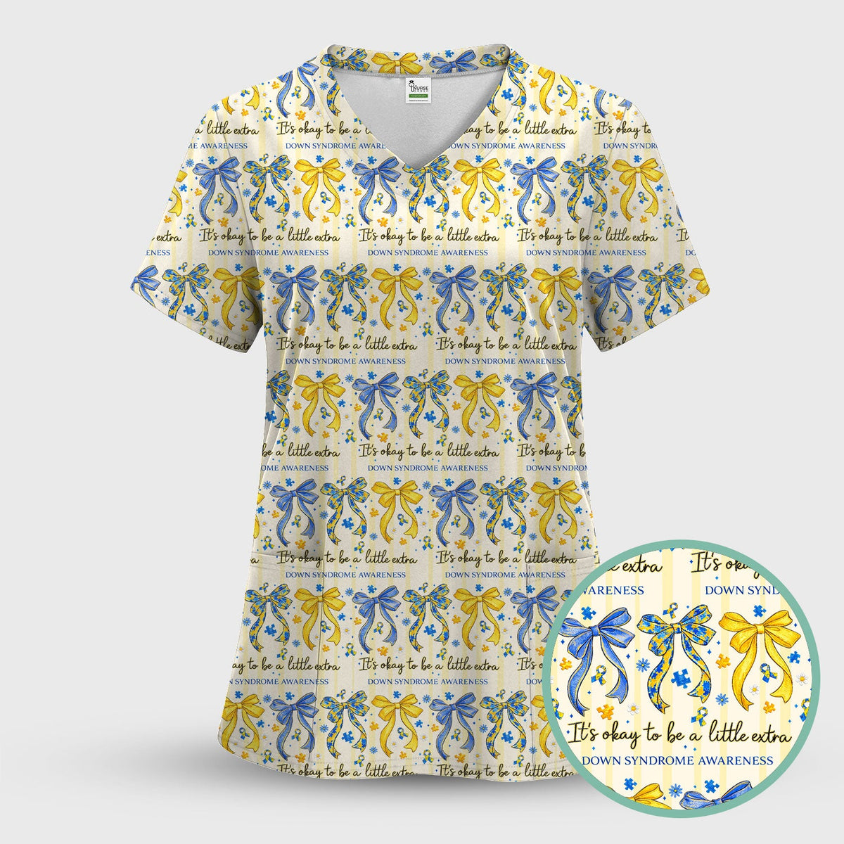 Down Syndrome Awareness Ribbon Pattern Scrub Top Comfortable Nurse Workwear Top