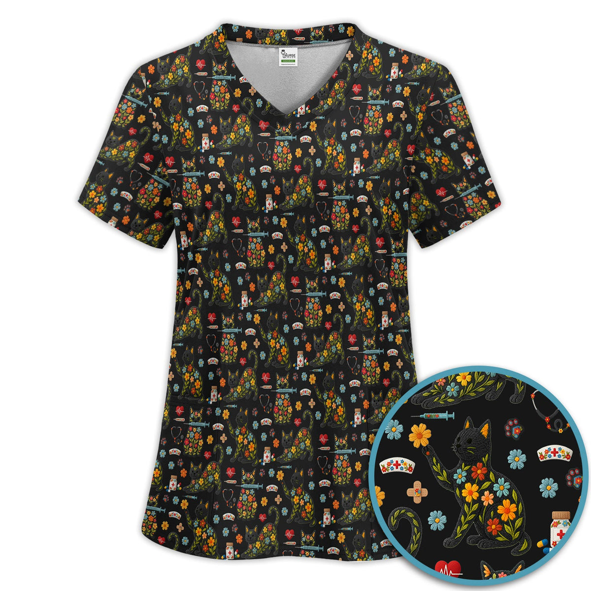 Floral Black Cat Nurse Scrub Set