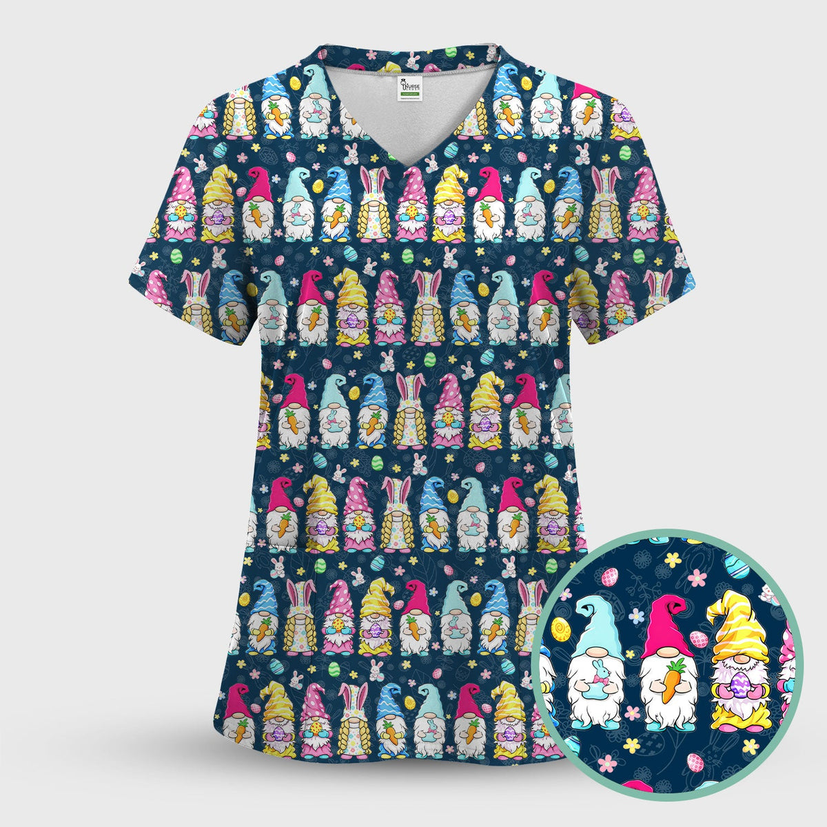Colorful Easter Gnome Bunny Eggs Nurse Scrub Set