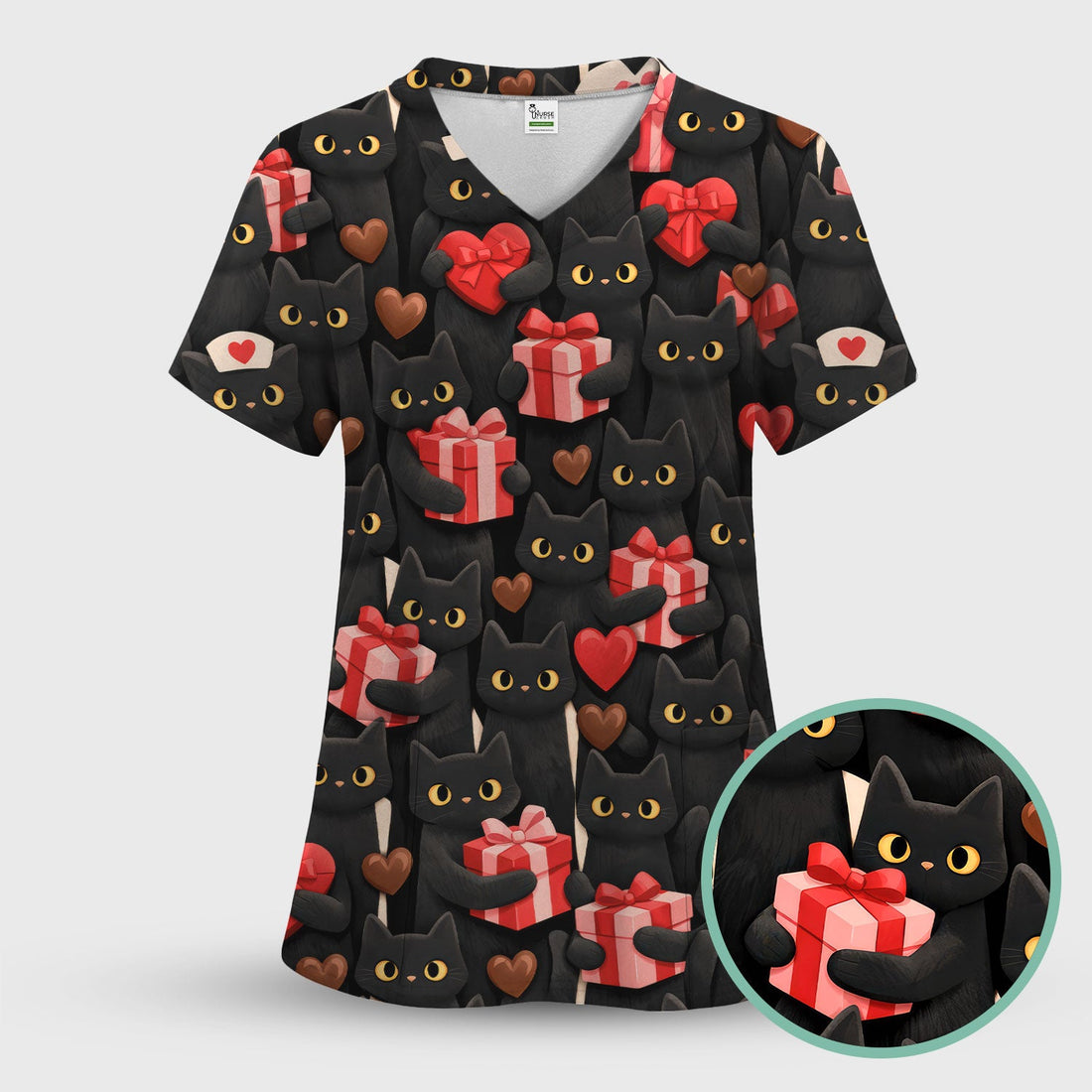 Black Cat Valentine Heart Nurse Scrub Top