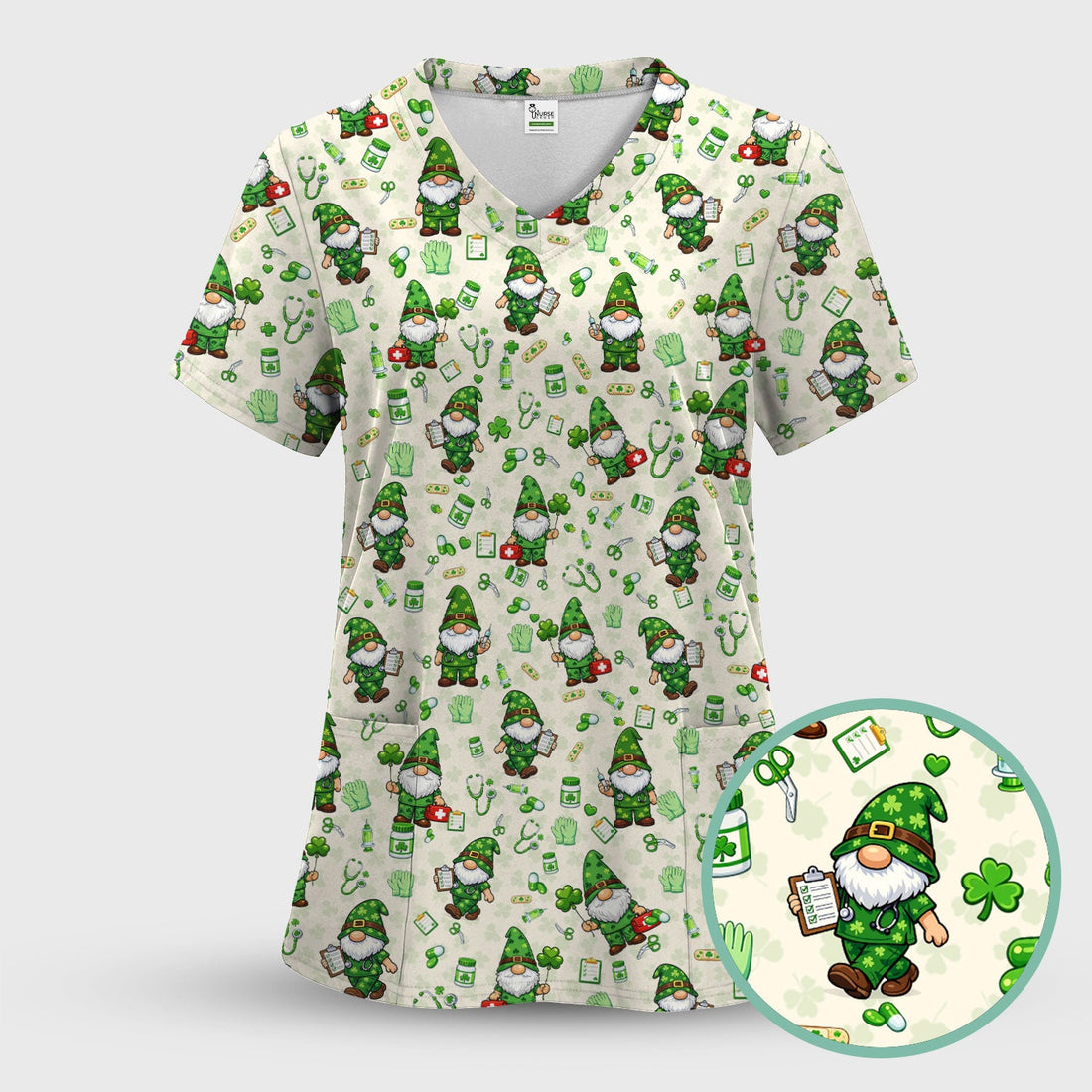 St. Patrick’s Day Nurse Gnome Scrub Top, Green Lucky Medical Pattern Nurse Shirt, Breathable Fabrics Nursing Uniform