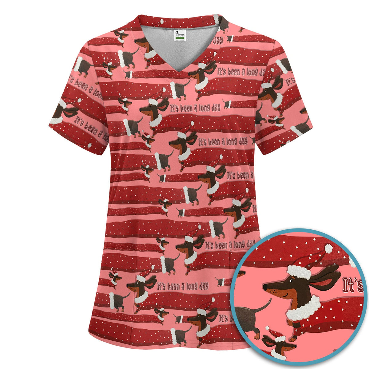Funny Dachshund Christmas Scrub Set - It's Been a Long Day - Cute Wiener Dog Scrubs Pants and V Neck Top - Medical Uniform for Women