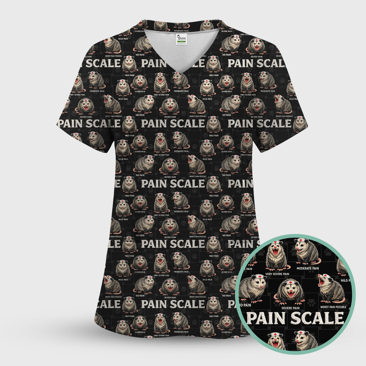 Edgy Possum Pain Scale Nurse Pattern Scrub Top, Comfortable Scrubs For Nurses