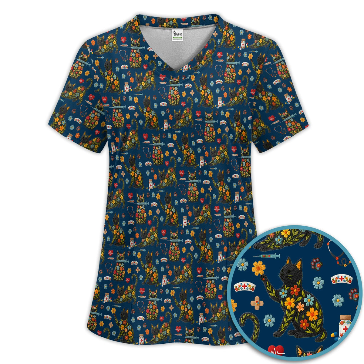 Floral Black Cat Nurse Scrub Set