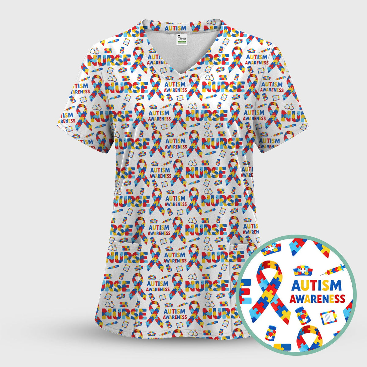 Autism Awareness Puzzle Ribbon Nurse Scrub Set