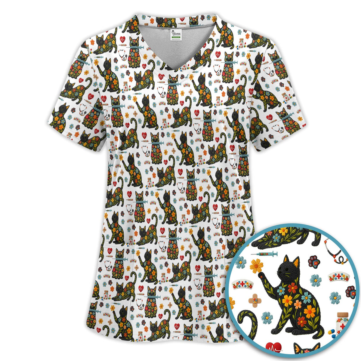 Floral Black Cat Nurse Scrub Set