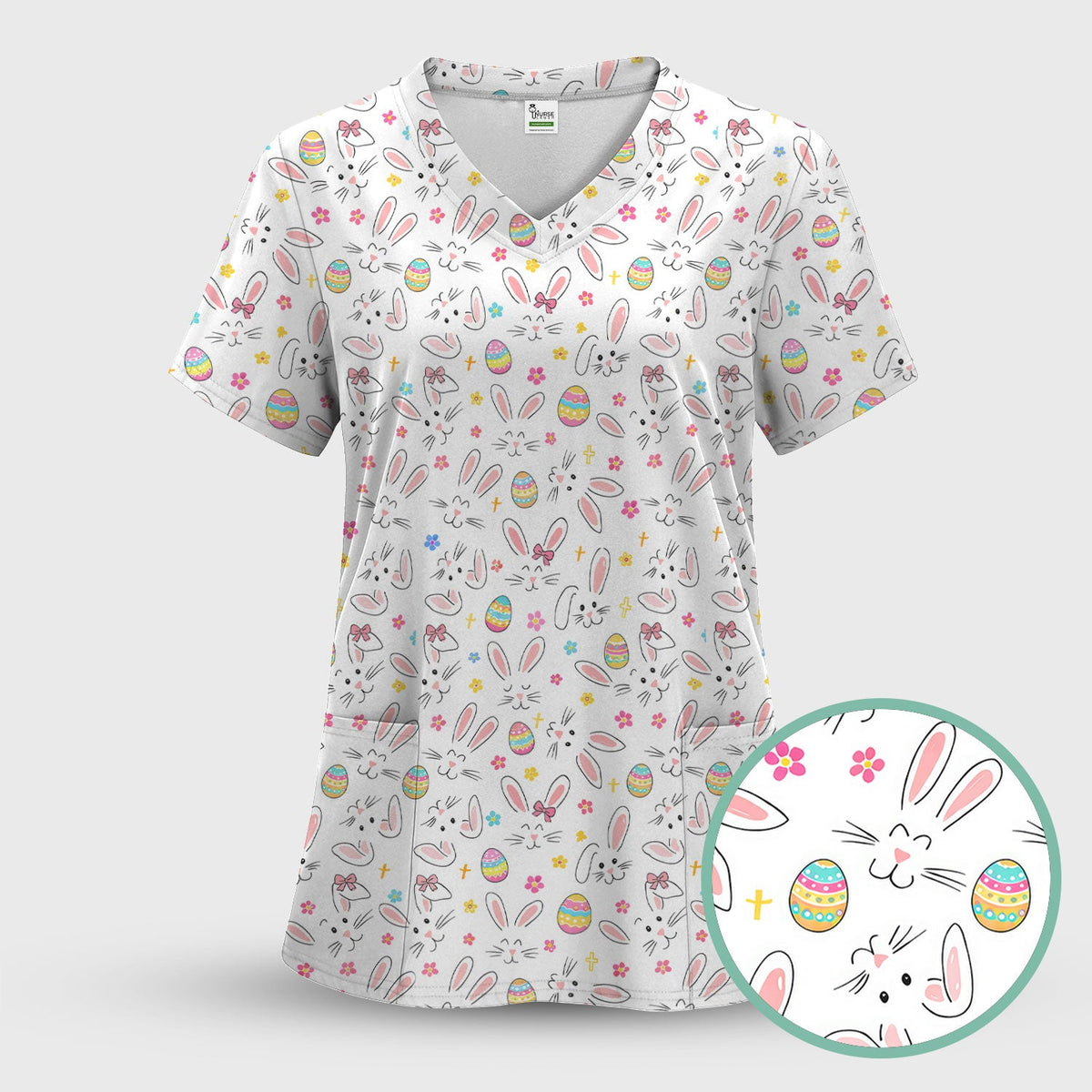 Bunny Faces Pastel Egg Nurse Scrub Top - Easter Gift