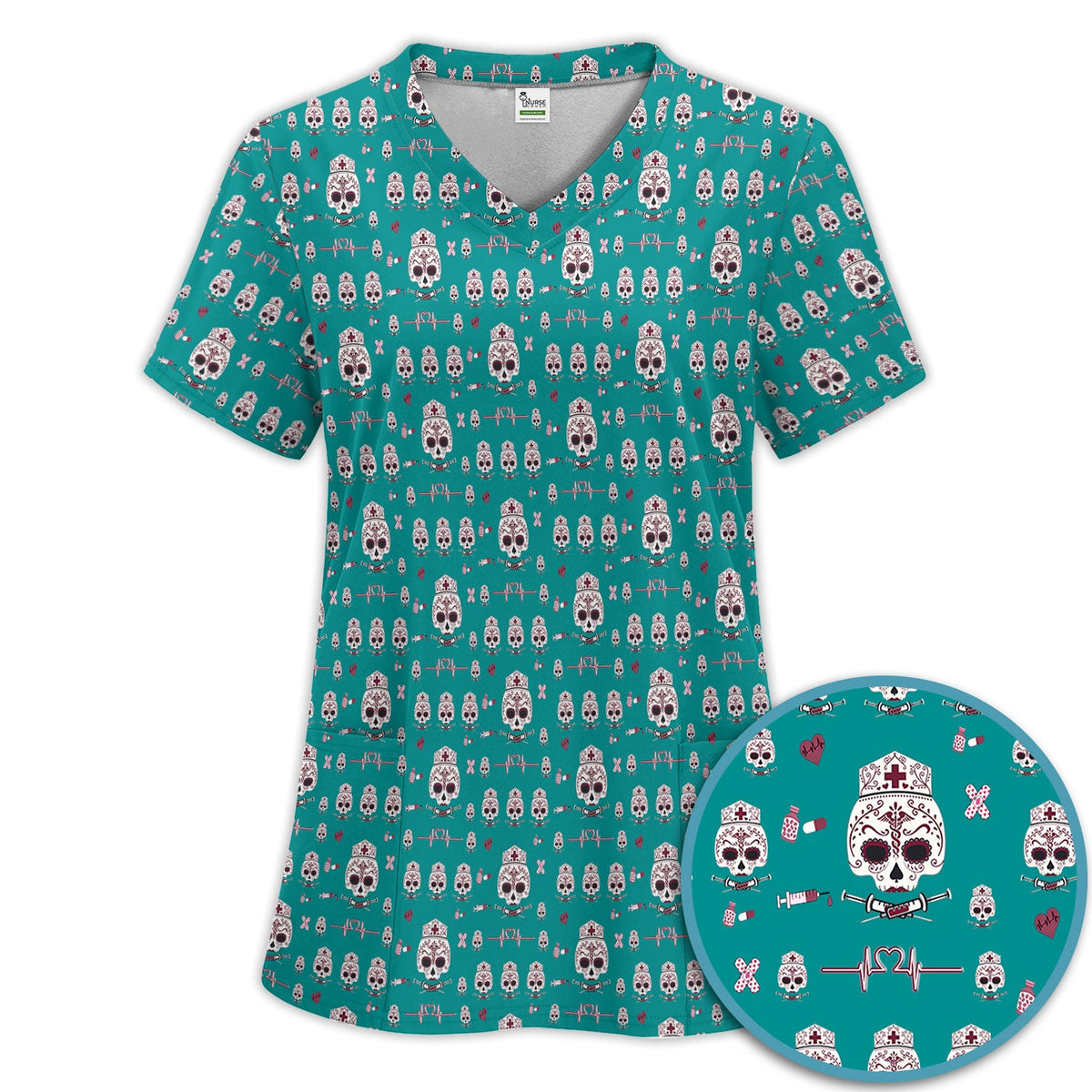 Sugar Skull Scrub Set, Skull Pattern Scrub Shirt, Breathable Fabrics Nursing Uniform