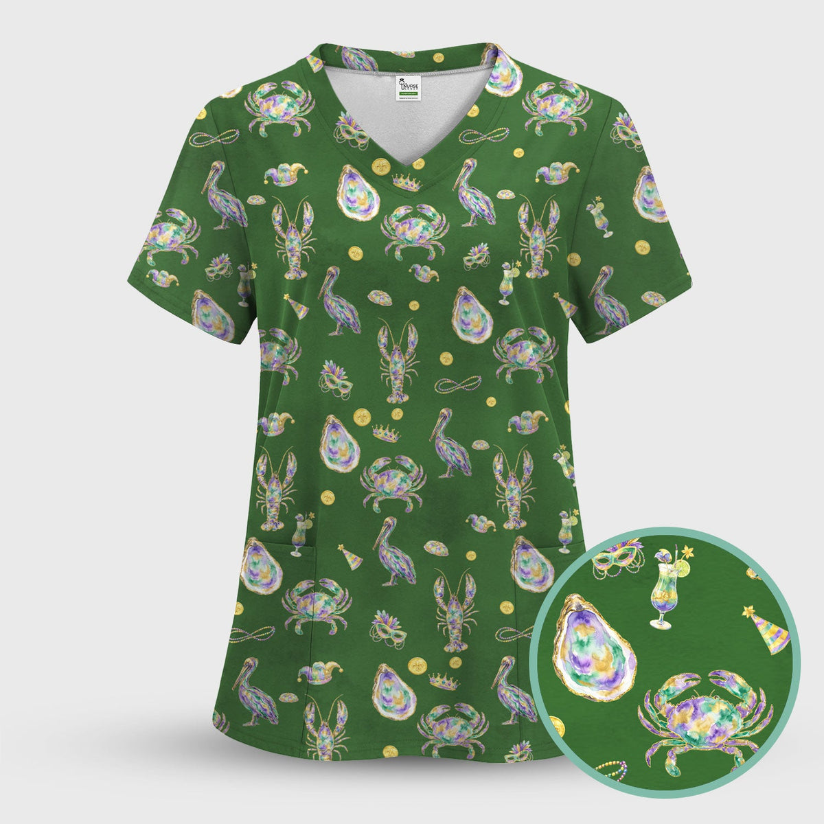 Mardi Gras Seafood Nurse Scrub Top