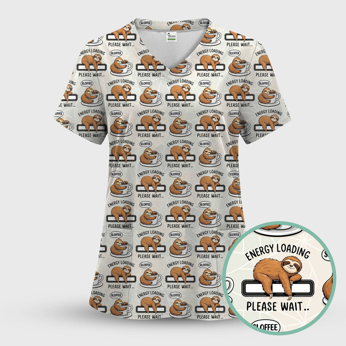 Sloth Coffee Energy Nurse Scrub Top