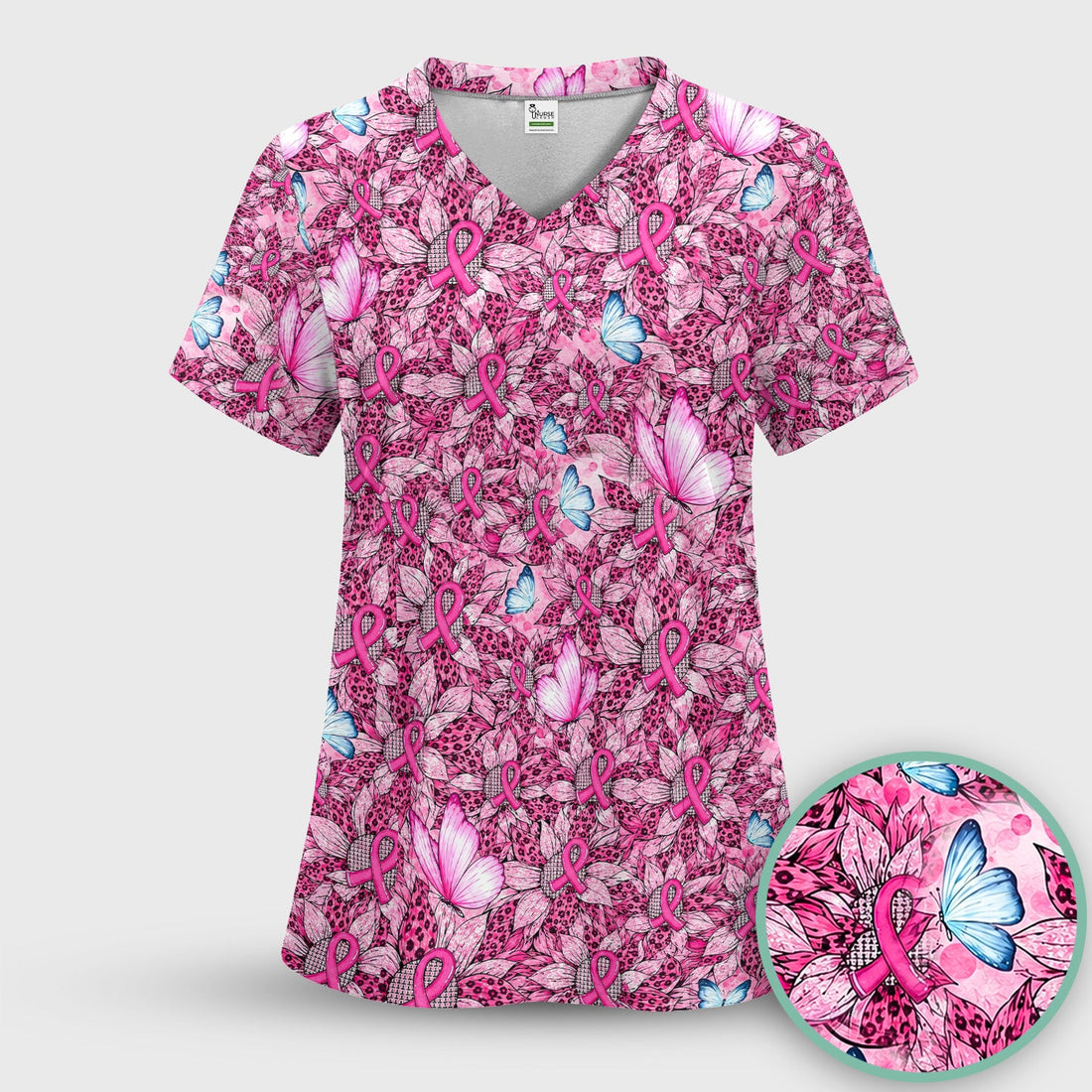 Pink Ribbon Butterfly Breast Cancer Nurse Scrub Top