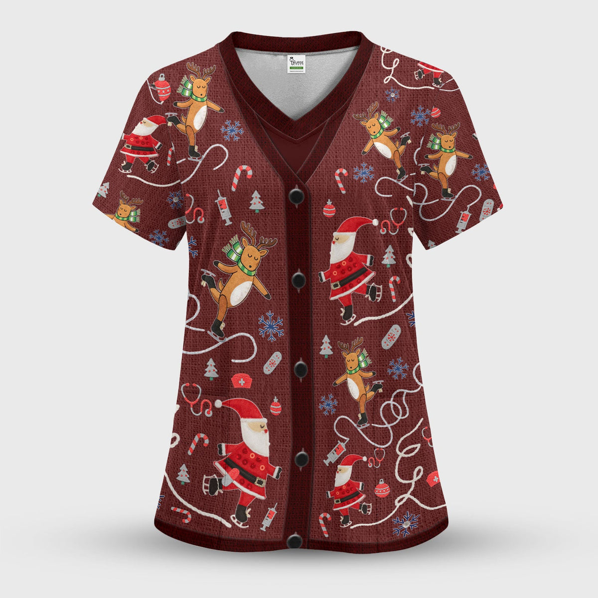 Christmas Reindeer Santa Nurse Scrub Top, Cute Holiday Medical Uniform Shirt for Women