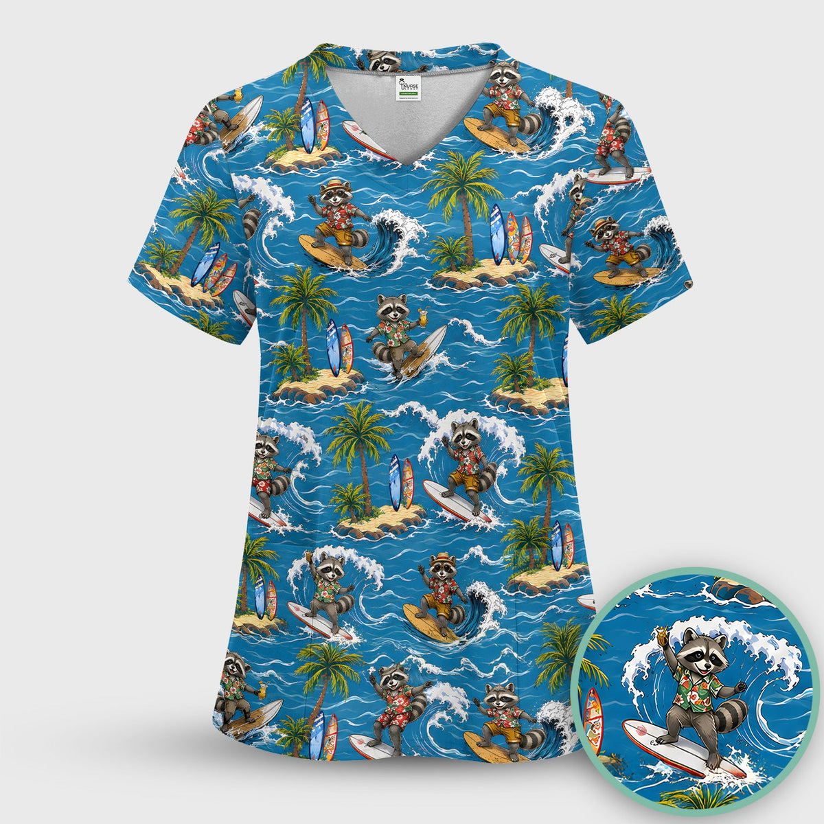 Tropical Surfing Raccoon Island Nurse Scrub Set