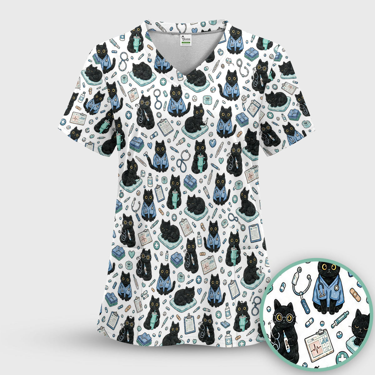 Black Cat Clinic Nurse Scrub Top