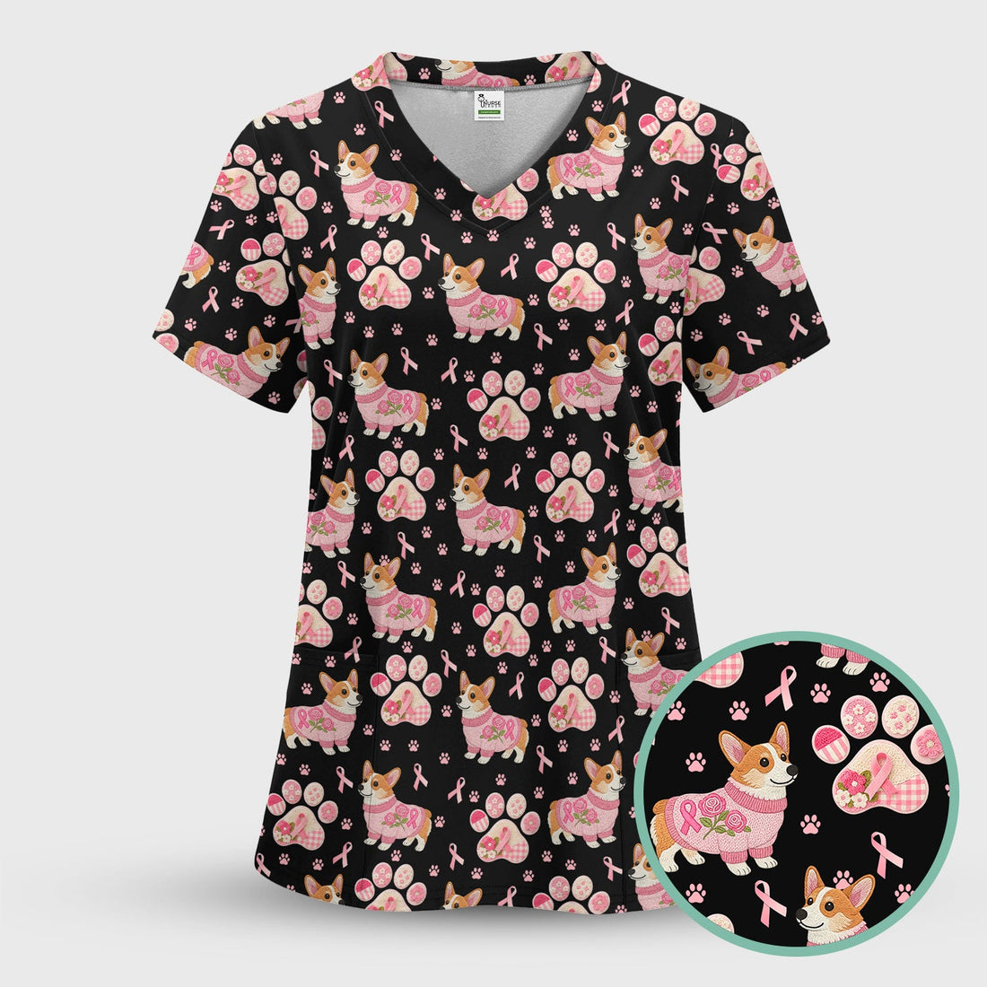 Corgi Pink Ribbon Breast Cancer Nurse Scrub Top
