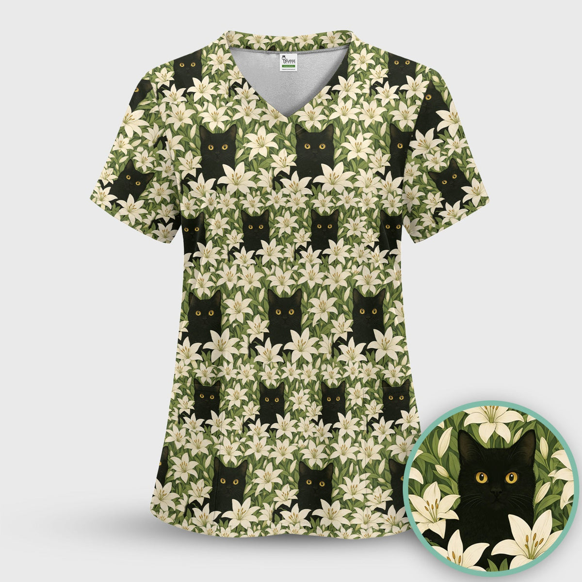Black Cat Hidden In Lily Garden Nurse Scrub Set