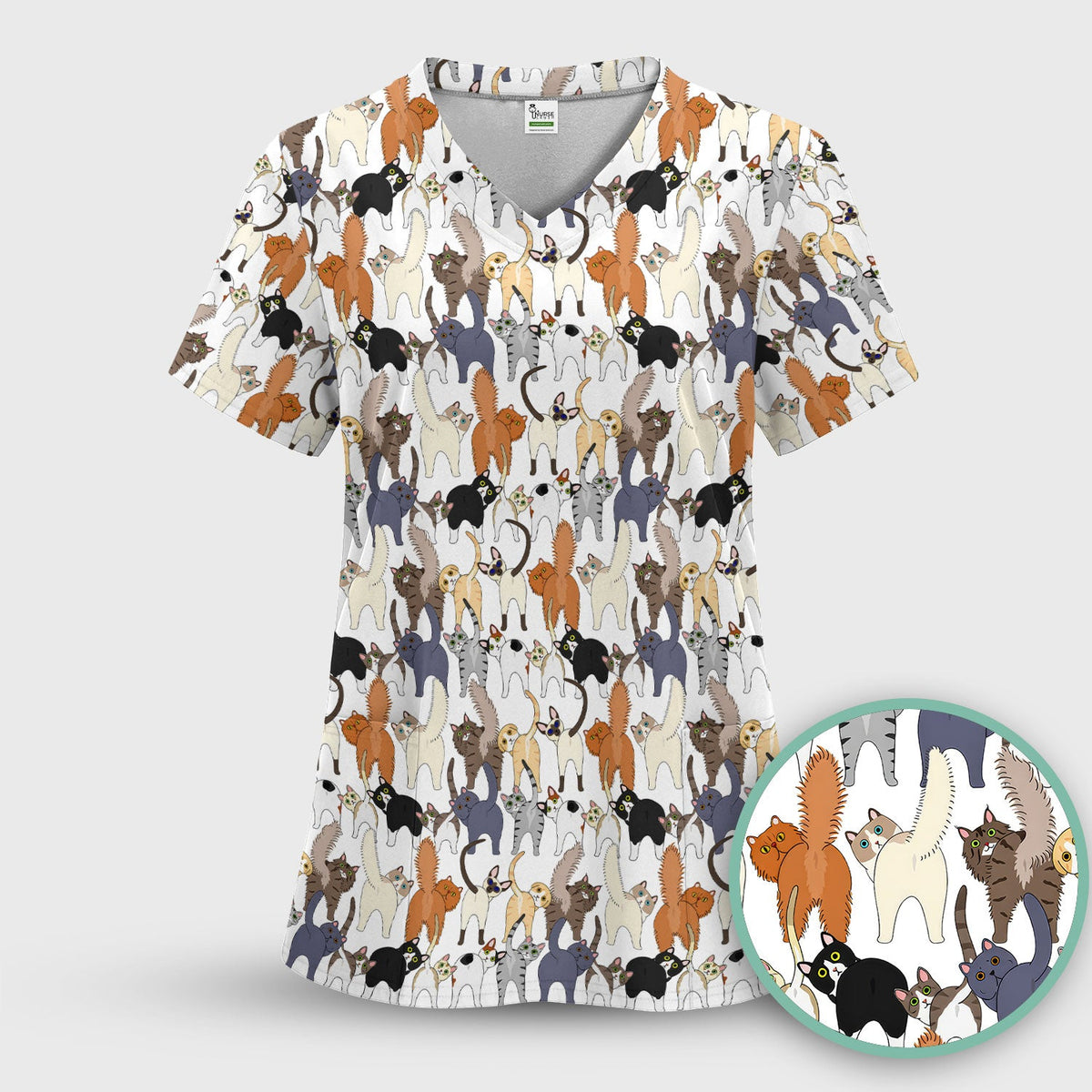 Whimsical Multicolor Cat Cartoon Nurse Scrub Set