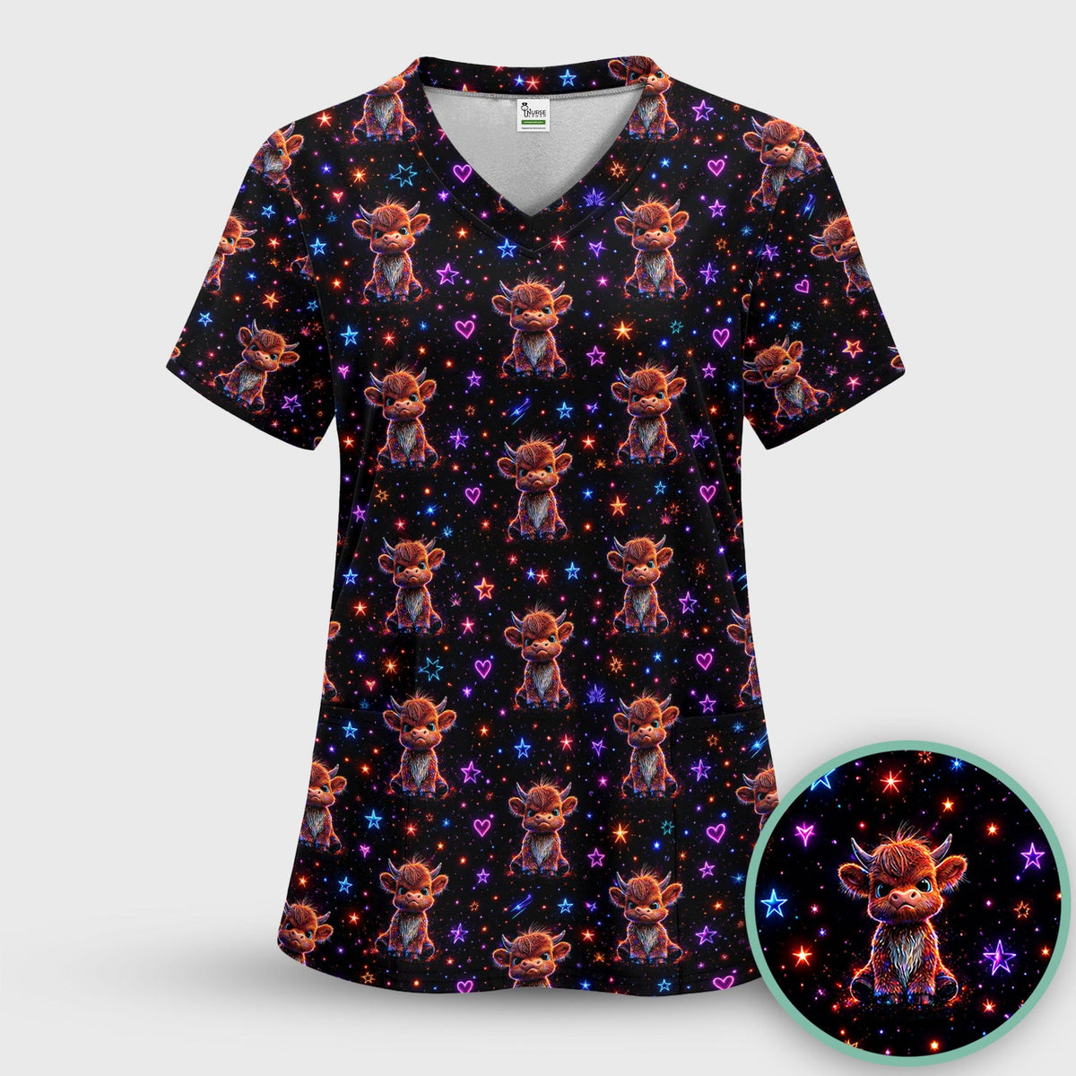 Neon Highland Cow Stars Nurse Scrub Top