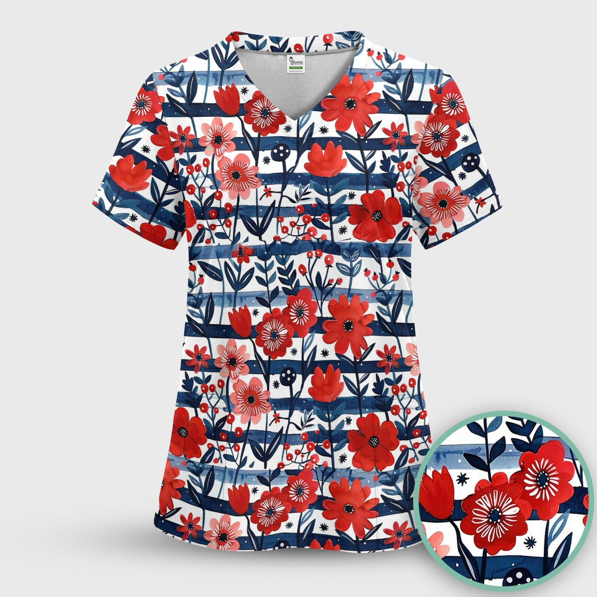 Red Poppy Navy Stripe Nurse Scrub Top