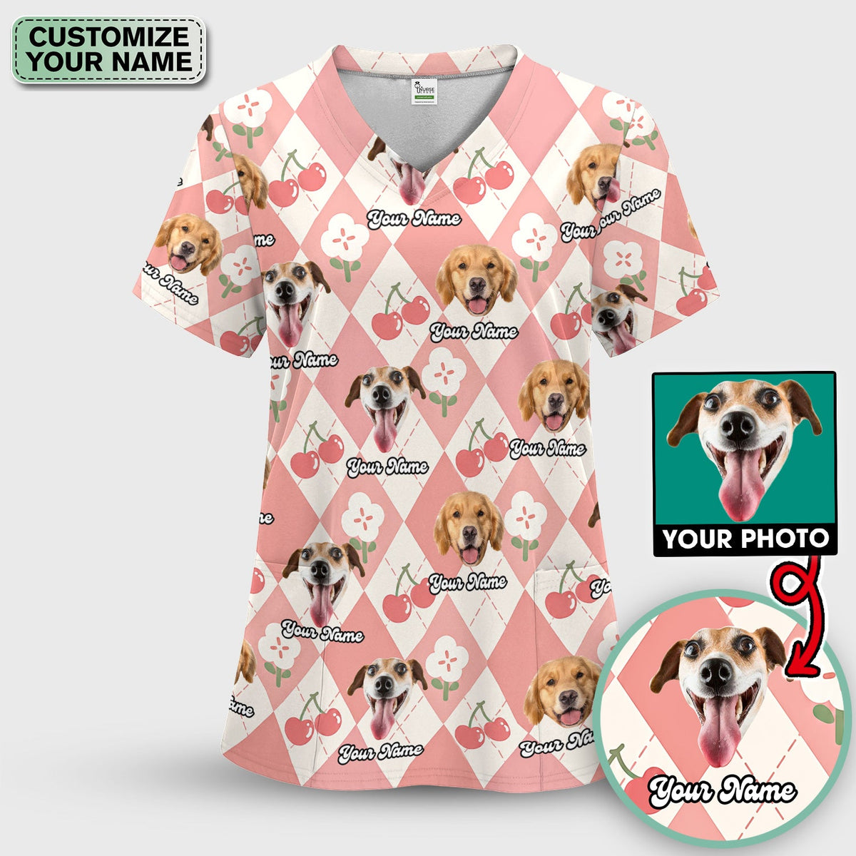 Dog Face Cherry Argyle Nurse Scrub Set
