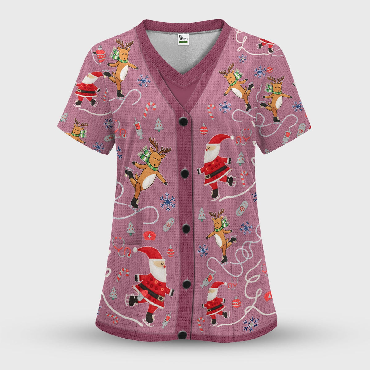 Christmas Reindeer Santa Nurse Scrub Top, Cute Holiday Medical Uniform Shirt for Women