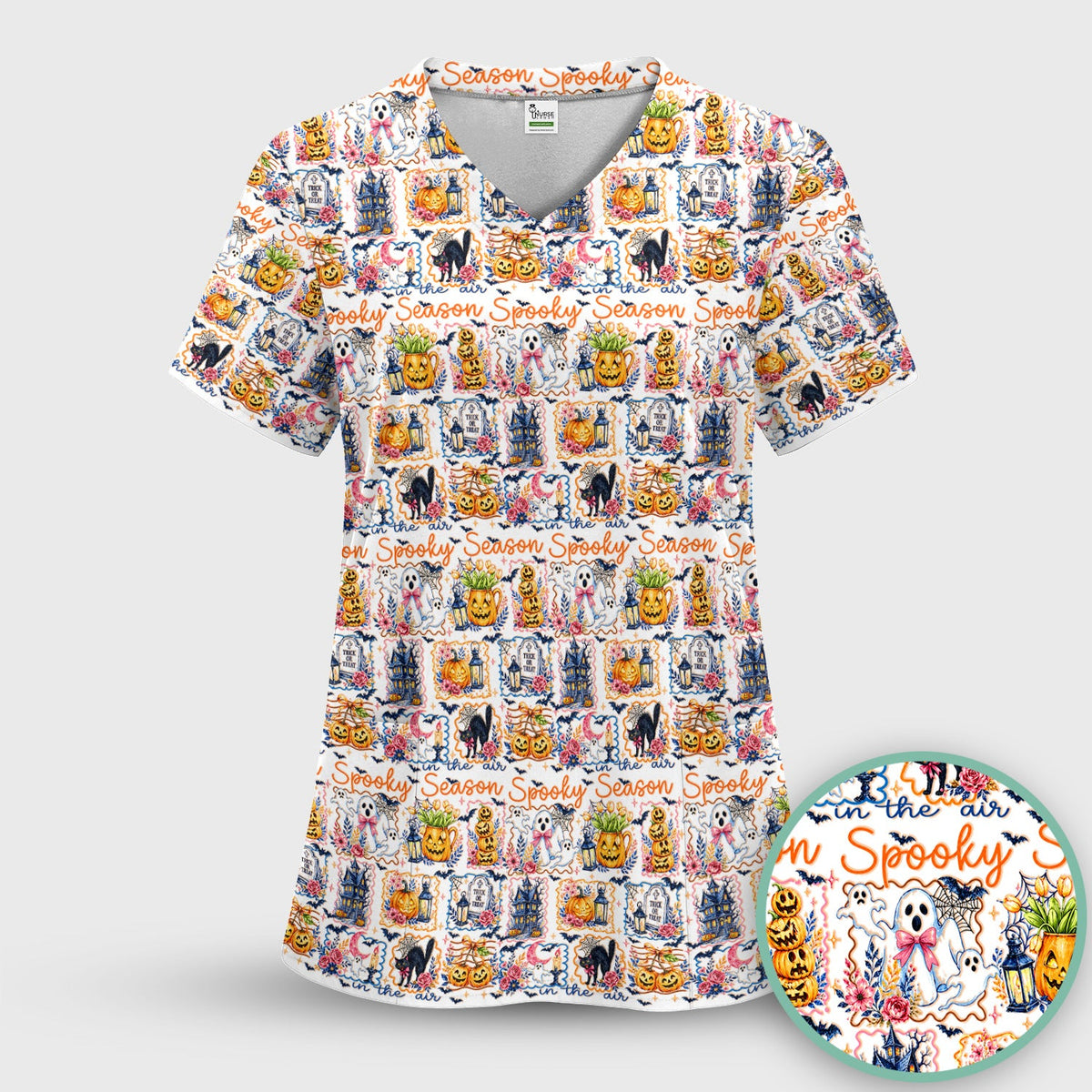 Spooky Pumpkin Ghost Pattern Nurse Scrub Set