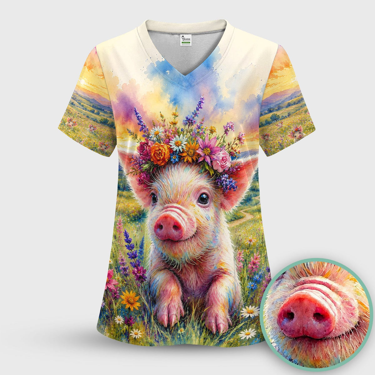 Floral Piglet Nurse Scrub Top