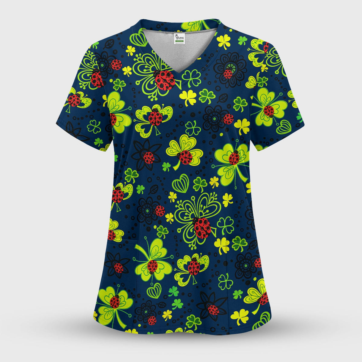 Ladybug Clover Floral Pattern Print Scrubs Nurses, Breathable Fabrics Nursing Uniform