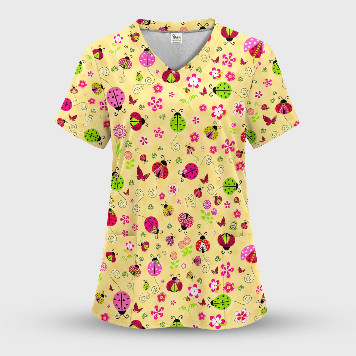 Yellow Ladybug Floral Garden Pattern Scrub Top, Breathable Fabrics Nursing Uniform